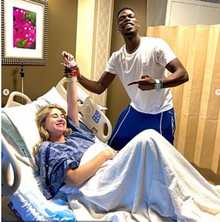 Paul Pogba celebrating his wife after the birth of his third child. 