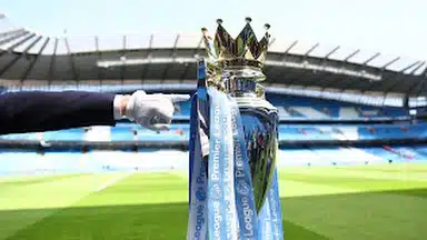 The Premier League trophy stationed at the Etihad Stadium before Manchester City Vs Chelsea clash on Sunday, May 21.