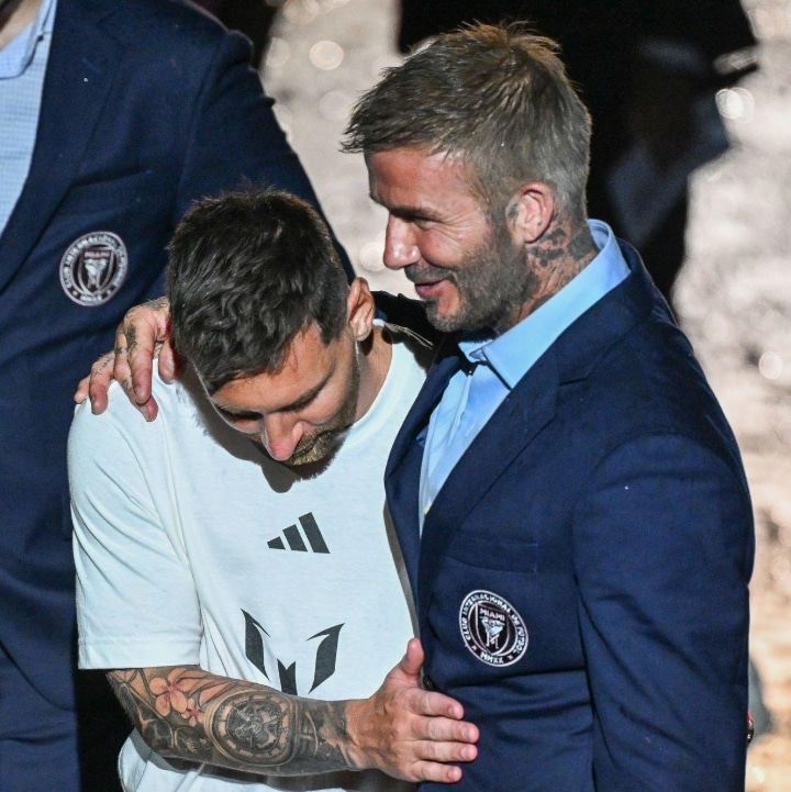 Lionel Messi and David Beckham during his Unveiling as Inter Miami's player.