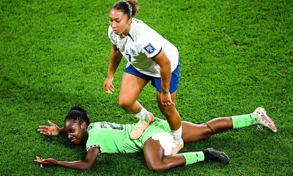 Super Falcons' Alozie Reacts After England's Lauren James Stomped On Her Butt