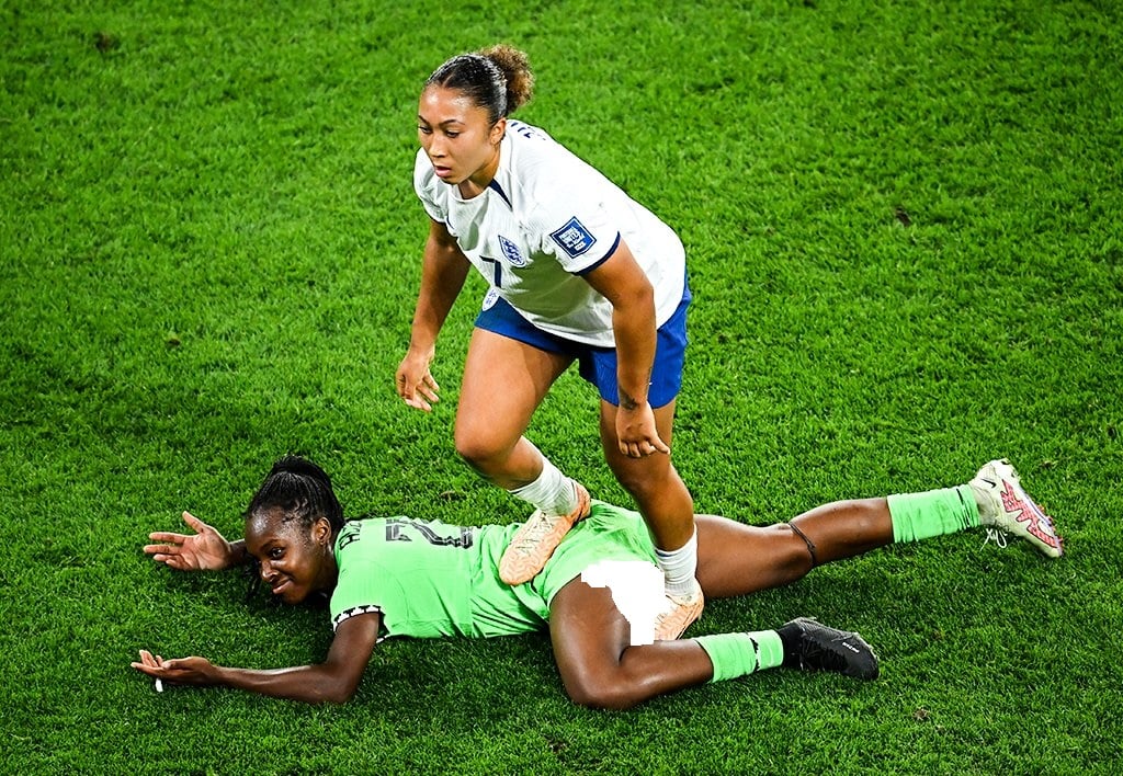 Super Falcons' Alozie Reacts After England's Lauren James Stomped On Her Butt
