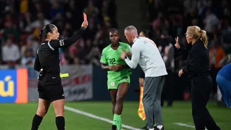 England's Lauren James is shown a red card by referee Melissa Borjas
