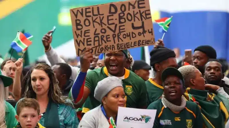 The rugby union team from South Africa has returned home from France following their historic fourth World Cup victory.