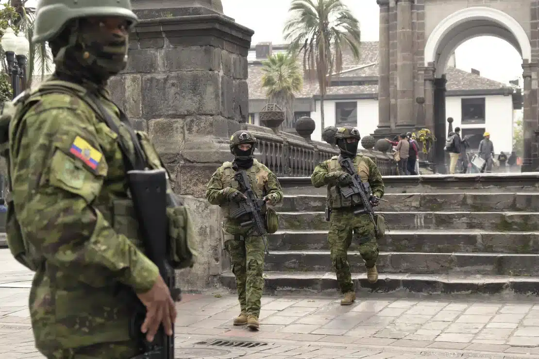Soldiers are deployed in downtown Quito on January 9, 2024, a day after Ecuadorean President Daniel Noboa declared a state of emergency.