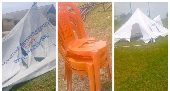 A photo combination showing chairs and canopies scattered at the initial venue for the programme.
