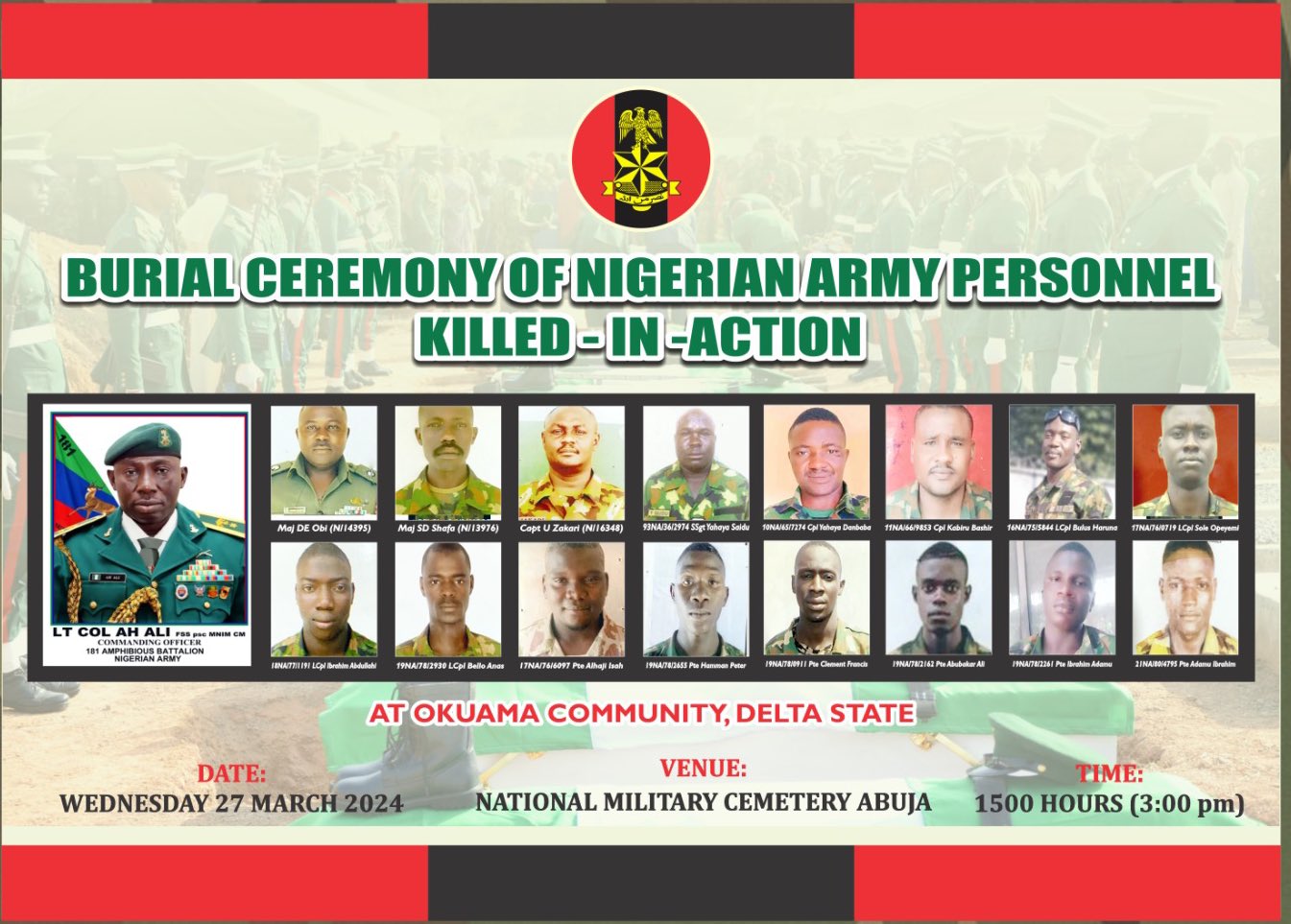 Nigerian Army Announces Burial Details For Soldiers Killed In Delta State