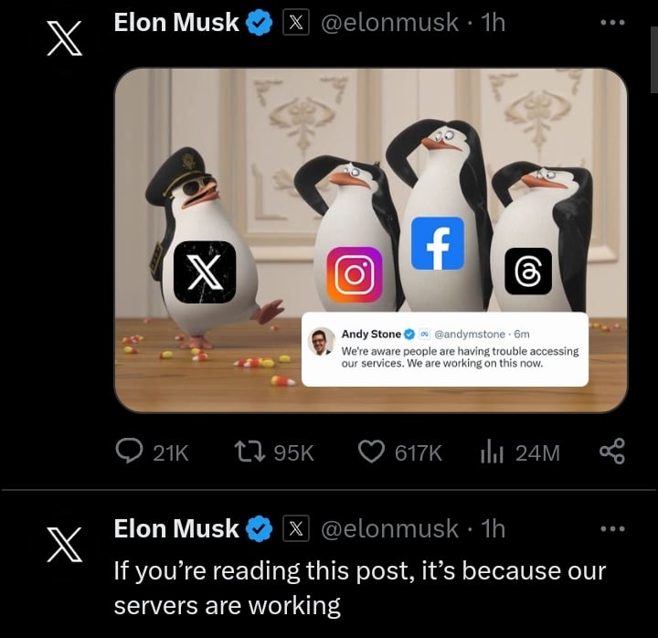 The former richest man in the world and owner of X (formerly known as Twitter), Elon Musk, has taken to his X page to mock his competitors, Meta's Facebook and Instagram for encountering server issues.