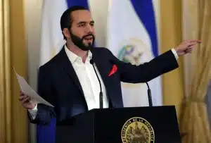 Salvadoran Pres. Nayib Bukele speaking during a news conference in San Salvador, El Salvador,