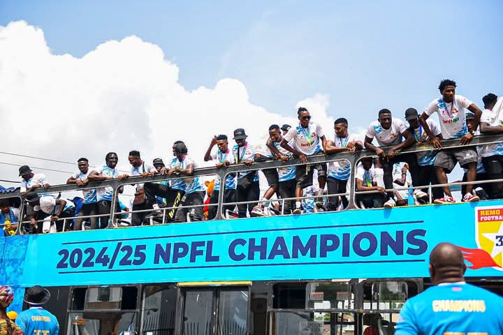 In a dazzling display of pride and triumph, Remo Stars Football Club took to the streets of Ogun State in an open-roof bus parade to celebrate their historic Nigeria Premier Football League (NPFL) title win.