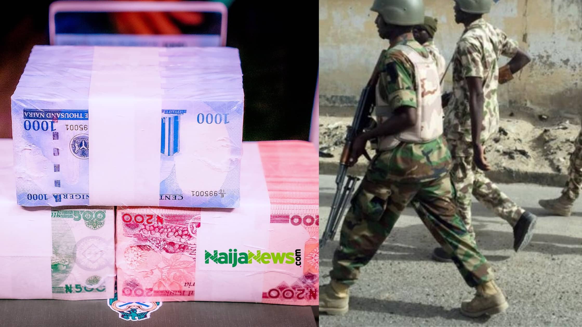 A collage of the Nigerian naira and military operatives.
