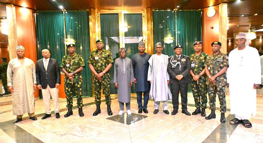 L-R: Directors-General of the National Intelligence Agency (NIA), Ambassador Mohammed Mohammed; Department of State Services (DSS), Adeola Oluwatosin Ajayi; Chief of Army Staff, Lieutenant General Waidi Shaibu; Chief of Defence Staff, General Olufemi Olatubosun Oluyede; President Bola Ahmed Tinubu; Minister of Defence, Gen. Christopher Musa (Rtd); National Security Adviser, Nuhu Ribadu; Inspector General of Police, Tunji Disu; Chief of Air Staff, Air Marshal Sunday Aneke; Chief of Naval Staff, Vice Admiral Idi Abbas, and Chief of Defence Intelligence, Lieutenant General Emmanuel Undiandeye after a security meeting at the State House, Abuja. Thursday, March 12, 2026