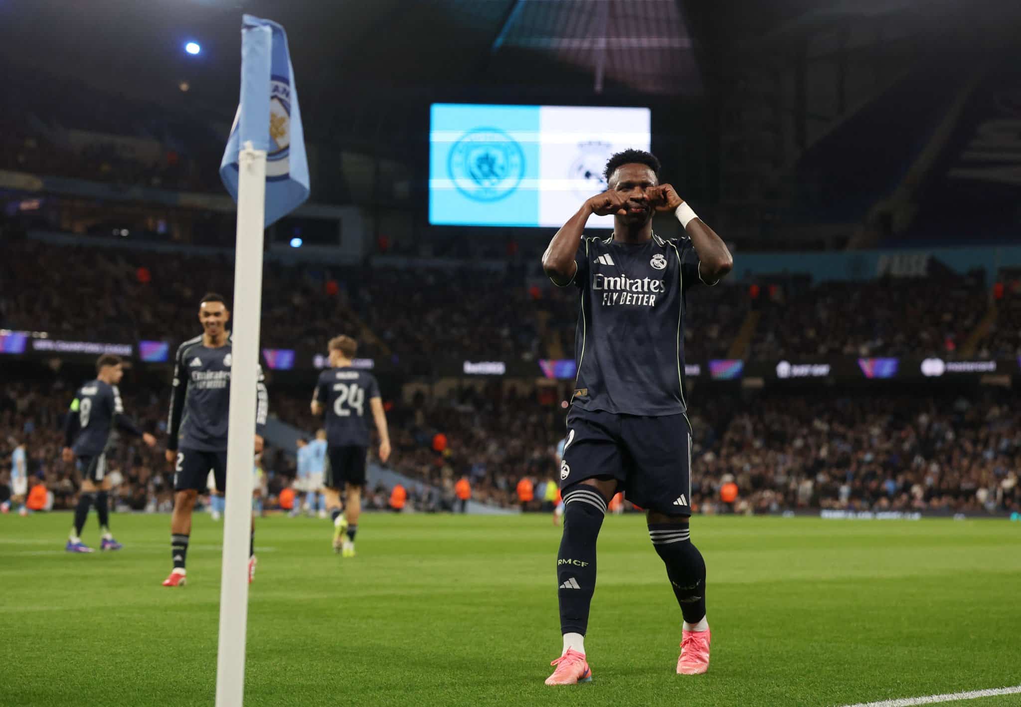 Real Madrid's Vinicius Junior celebrates after scoring against Manchester City in the UEFA Champions League