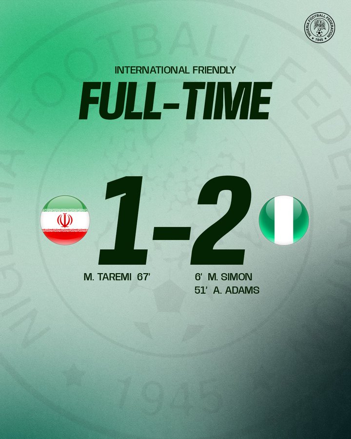 Super Eagles of Nigeria beat Iran in an international friendly on March 27, 2026.