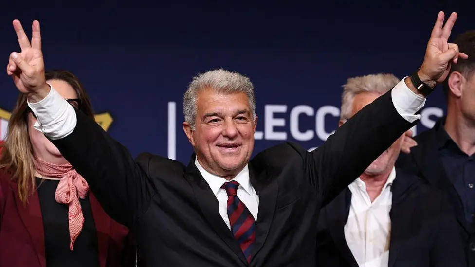 FC Barcelona president, Joan Laporta celebrates after winning re-election.
