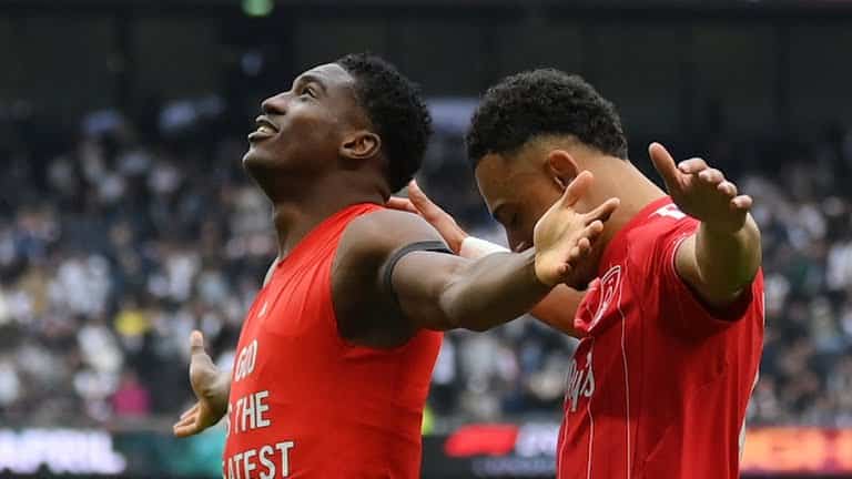 Nottingham Forest forward, Taiwo Awoniyi celebrates after scoring a late-minute goal against Tottenham Hotspur in the Premier League today, March 22.