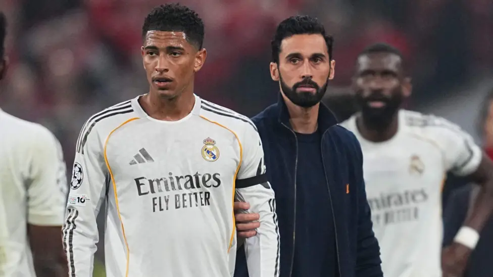Jude Bellingham standing beside Real Madrid coach, Alvaro Arbeloa after their defeat to Bayern Munich on Wednesday, April 15.