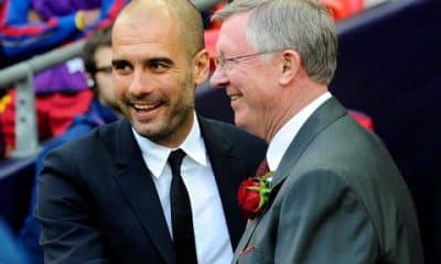 File photo of Pep Guardiola exchange pleasantries with Sir Alex Ferguson.