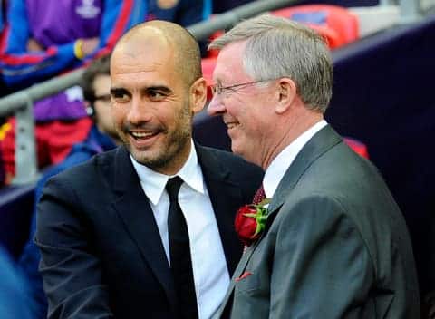 File photo of Pep Guardiola exchange pleasantries with Sir Alex Ferguson.