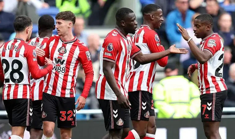 Sunderland players celebrate their Premier League win over Everton on Sunday, May 17.