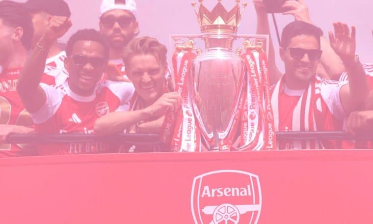 Arsenal stars on an open bus parading the 2025-2026 Premier League title on Sunday, May 31.