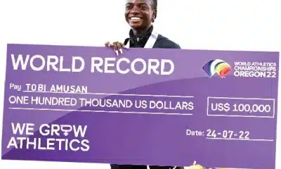 File photo of Tobi Amusan celebrating her world title record in 2022.