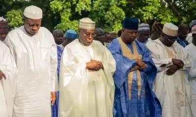 Former Vice President Atiku Abubakar and other Muslim faithful observing Eid prayers in Abuja on Wednesday, May 27, 2026