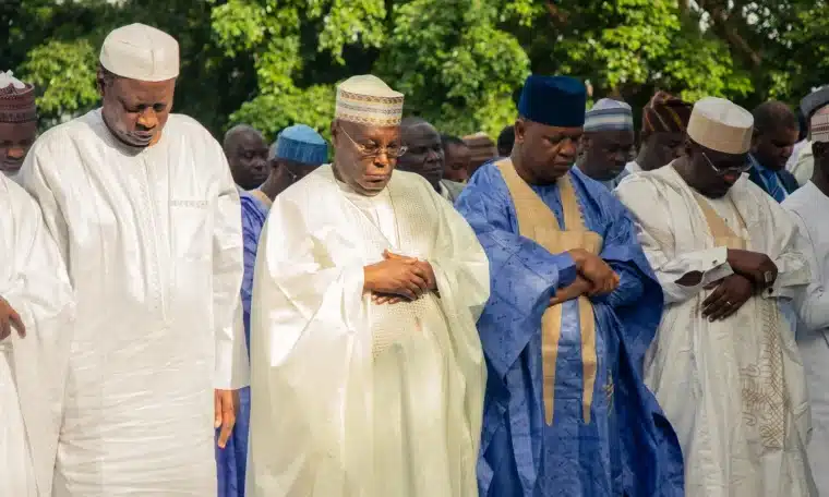 Former Vice President Atiku Abubakar and other Muslim faithful observing Eid prayers in Abuja on Wednesday, May 27, 2026