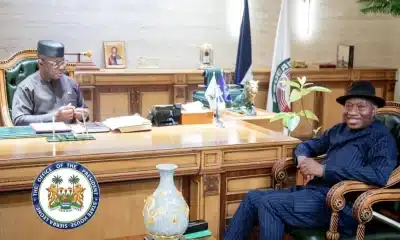 Former President Goodluck Jonathan with Sierra Leone President, Julius Maada Bio. Photo credit- Jonathan:Facebook