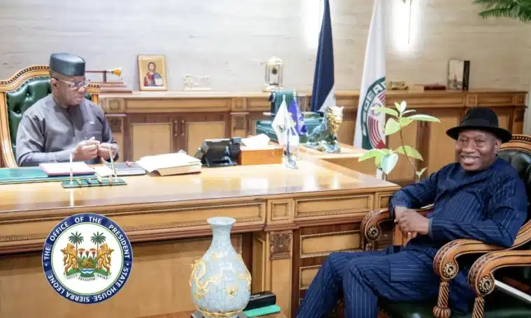 Former President Goodluck Jonathan with Sierra Leone President, Julius Maada Bio. Photo credit- Jonathan:Facebook