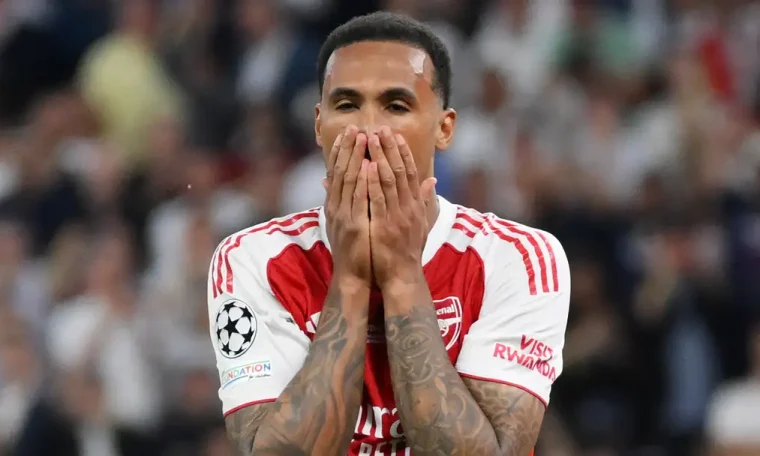 Arsenal defender Gabriel Magalhaes reacting after mising a penalty in the 2026 Champions League final.