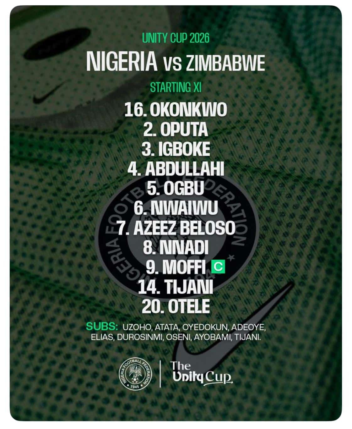Super Eagles starting eleven for 2026 Unity Cup opener.