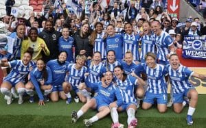 Chiamaka Nnadozie celebrates with her teammates after Brighton secured their first Women's FA Cup ticket on Sunday, May 10, 2026.