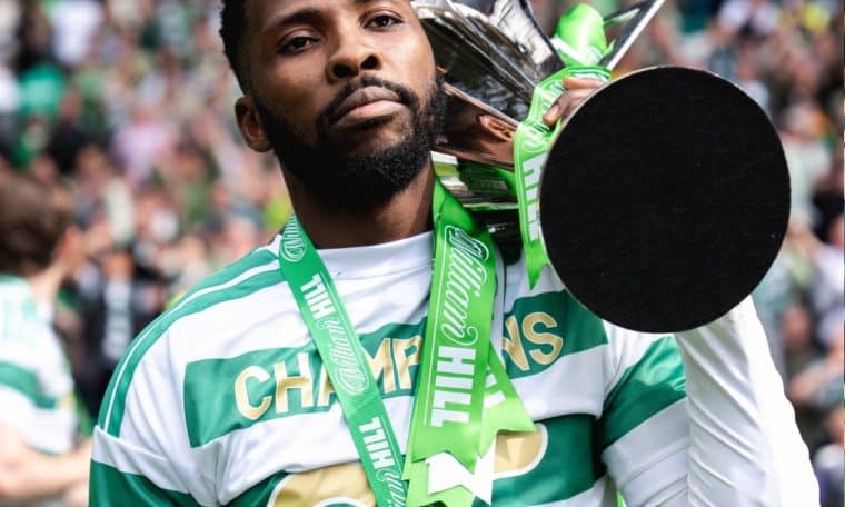 Kelechi Iheanacho celebrates with Scottish Premiership trophy.