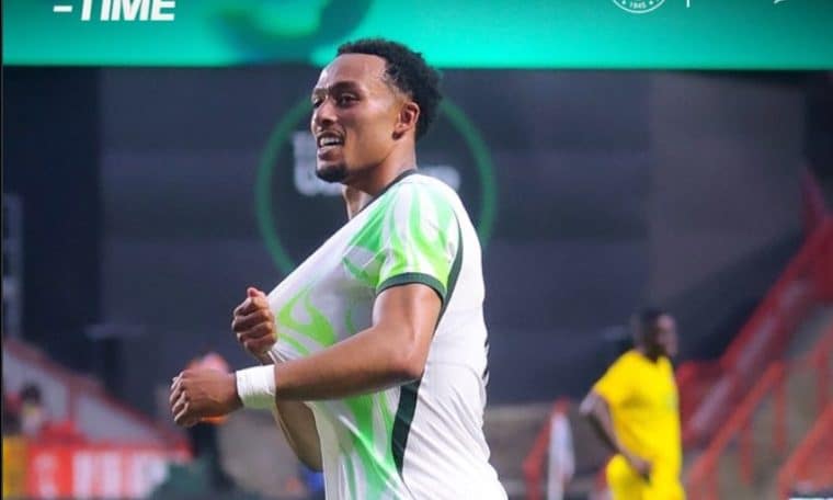 Super Eagles debuter, Femi Azeez celebrates his first goal for Nigeria.