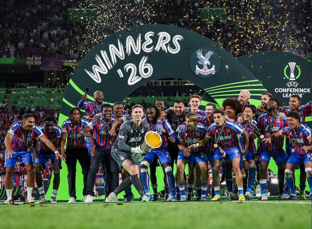 Crystal Palace players celebrate their Conference League triumph on Wednesday, May 27, 2026.