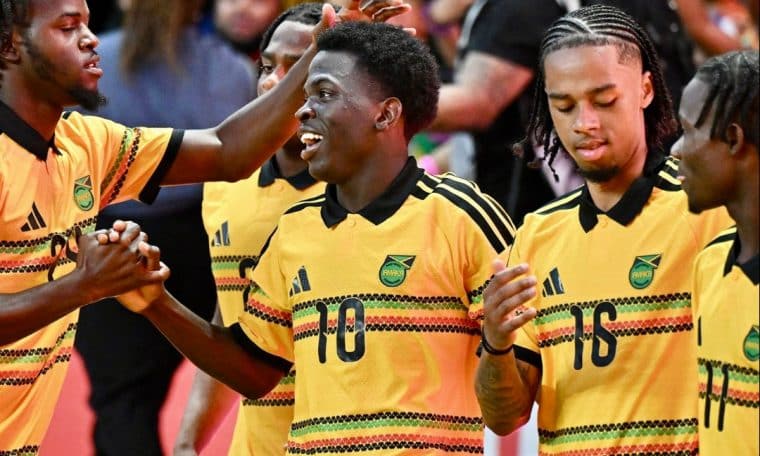 Jamaica players celebrate their win over India in the Unity Cup on Wednesday, May 28.