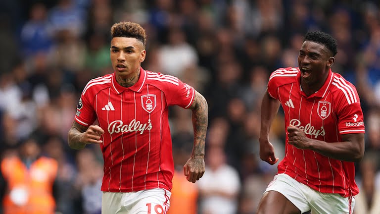 Nottingham Forest's Taiwo Awoniyi celebrates with Igor Jesus after scoring against Chelsea on Monday, May 4.