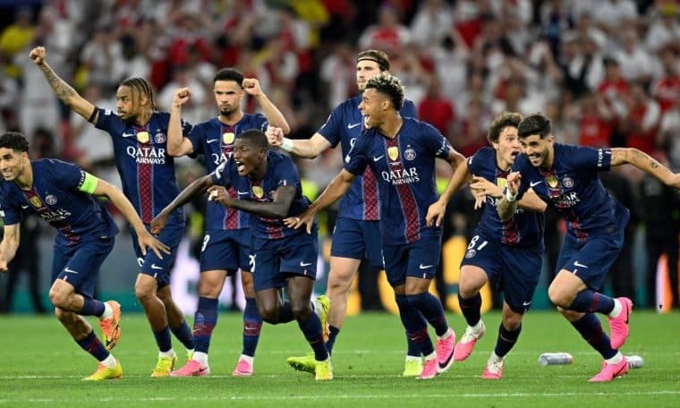 PSG players celebrate after winning the 2026 Champions League final.