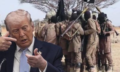 File Photo: An image of Donald Trump and ISWAP terrorists