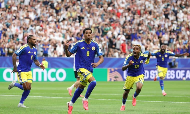 Curaçao players celebrate their goal against Germany in their World Cup debut on Sunday, June 14, 2026.
