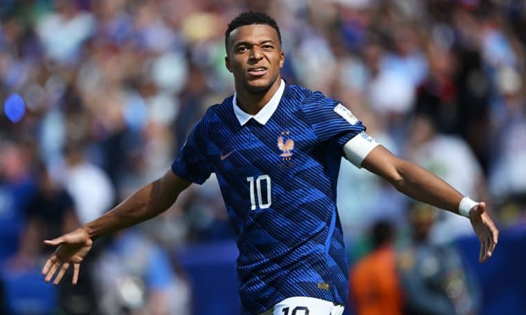 Kylian Mbappe celebrates after scoring against Senegal in the 2026 FIFA World Cup.