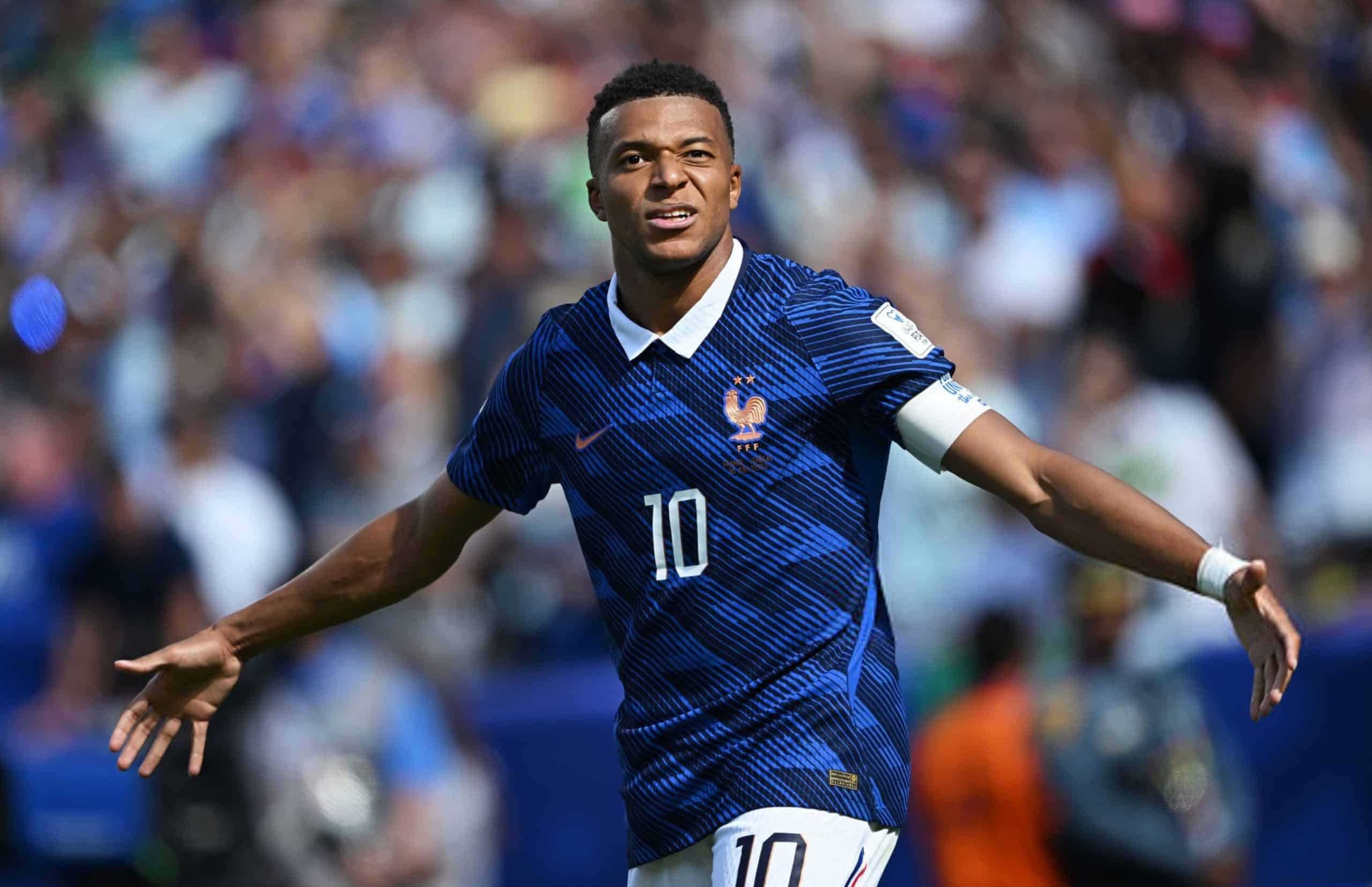 Kylian Mbappe celebrates after scoring against Senegal in the 2026 FIFA World Cup.