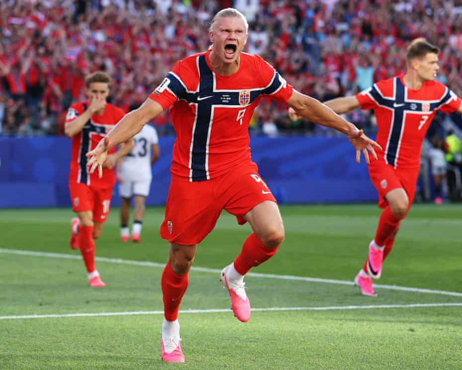 Erling Haaland celebrates after scoring in the 2026