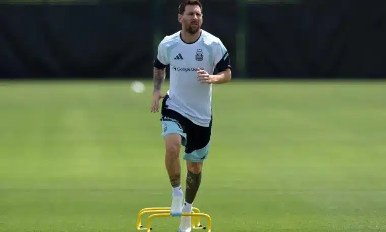 Lionel Messi in training with the Argentina national team.