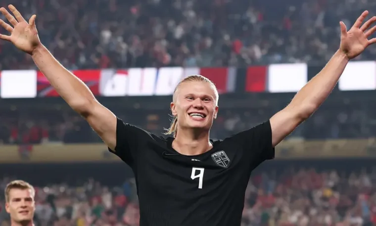 Erling Haaland celebrates after scoring against Senegal at the 2026 FIFA World Cup.