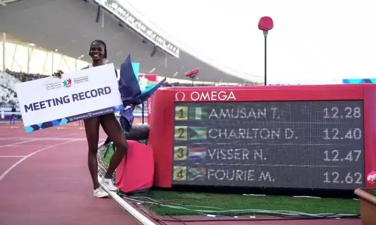 Tobi Amusan celebrating her win in Rabat, Morocco.