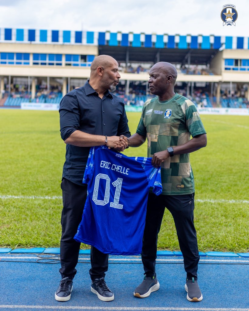 Super Eagles coach, Eric Chelle poses with Shooting Stars Coach, Nurudeen Aweroro ahead of the club's NPFL clash during the 2025-2026 season.
