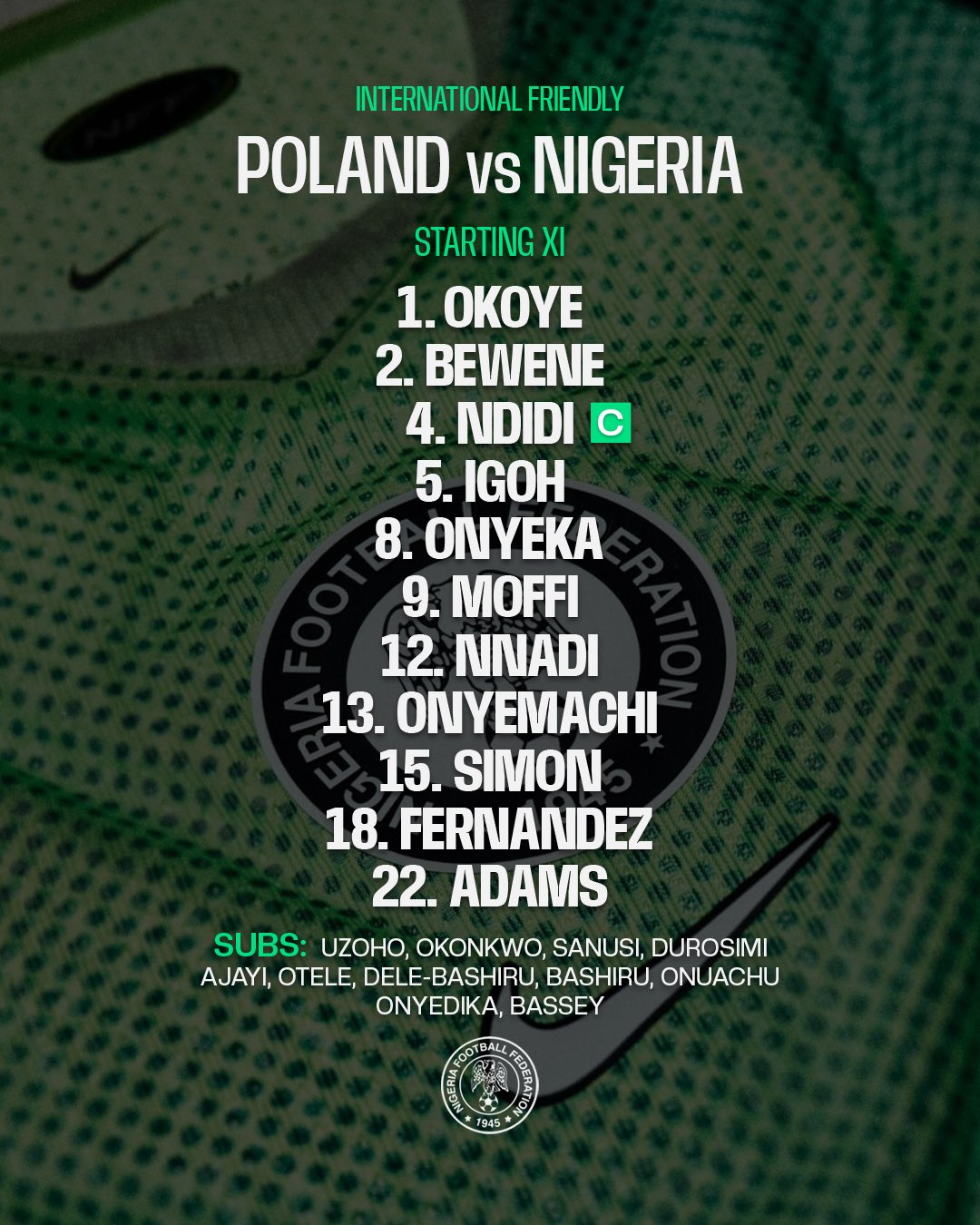 Poland vs Super Eagles of Nigeria starting eleven.