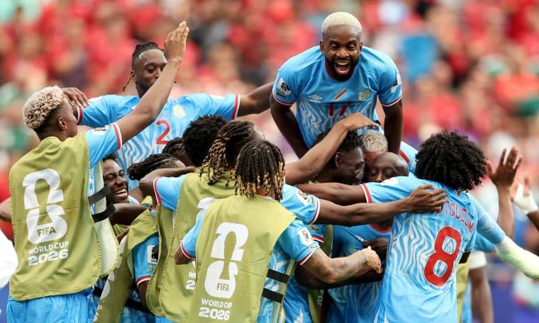 DR Congo players celebrate after scoring against Portugal during their 2026 FIFA World Cup clash on Wednesday, June 17.
