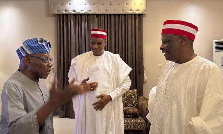 L-R: Former President Olusegun Obasanjo, Former Kano Deputy Governor, Aminu Gwarzo and NDC 2027 Vice Presidential Candidate, Rabiu Kwankwaso